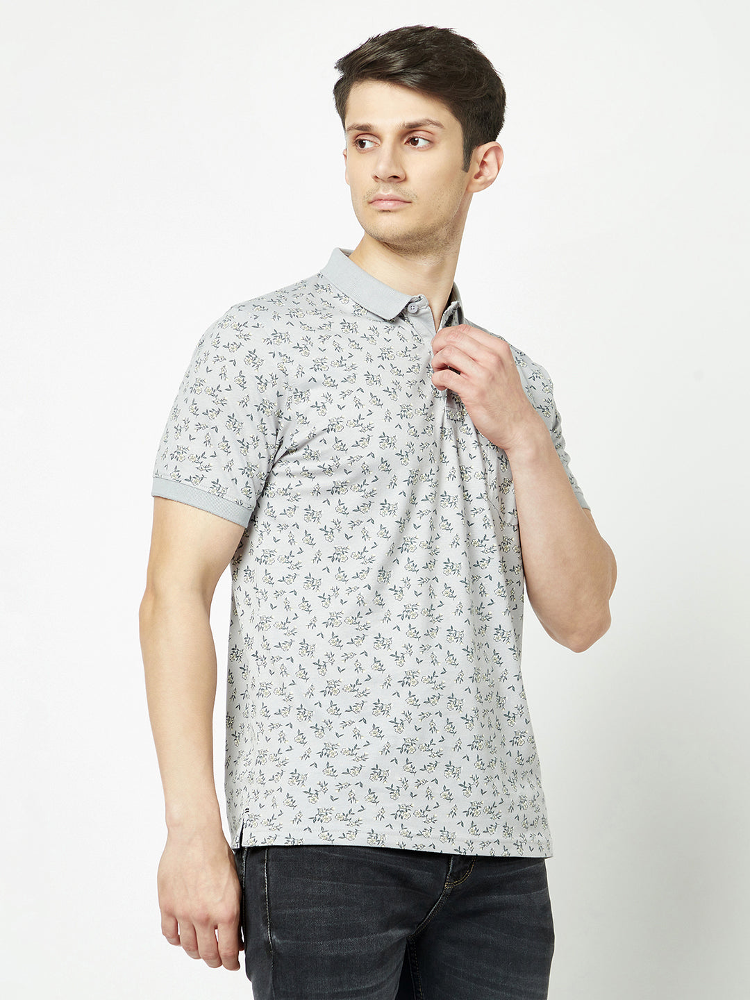  Grey Floral Polo T-Shirt