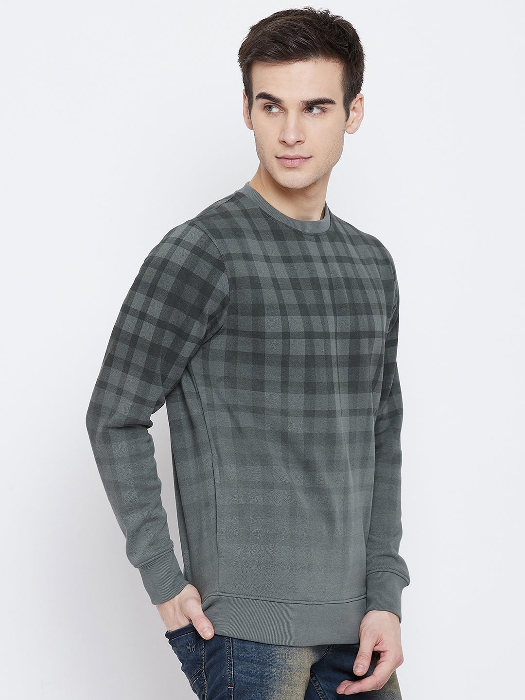 Green Checked Round Neck Sweatshirt - Men Sweatshirts
