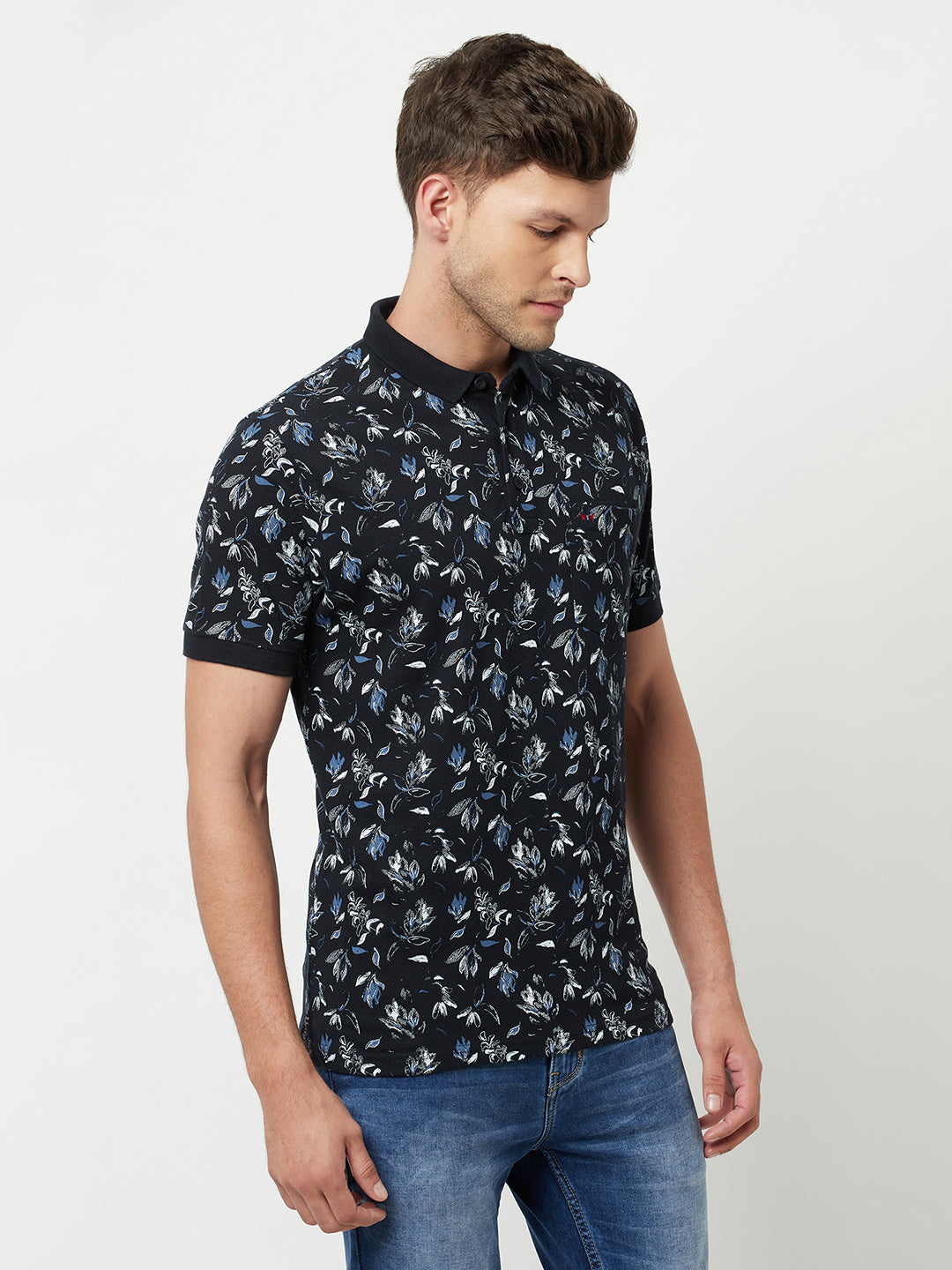 Navy Blue Floral Printed Polo T-Shirt-Men T-Shirts-Crimsoune Club