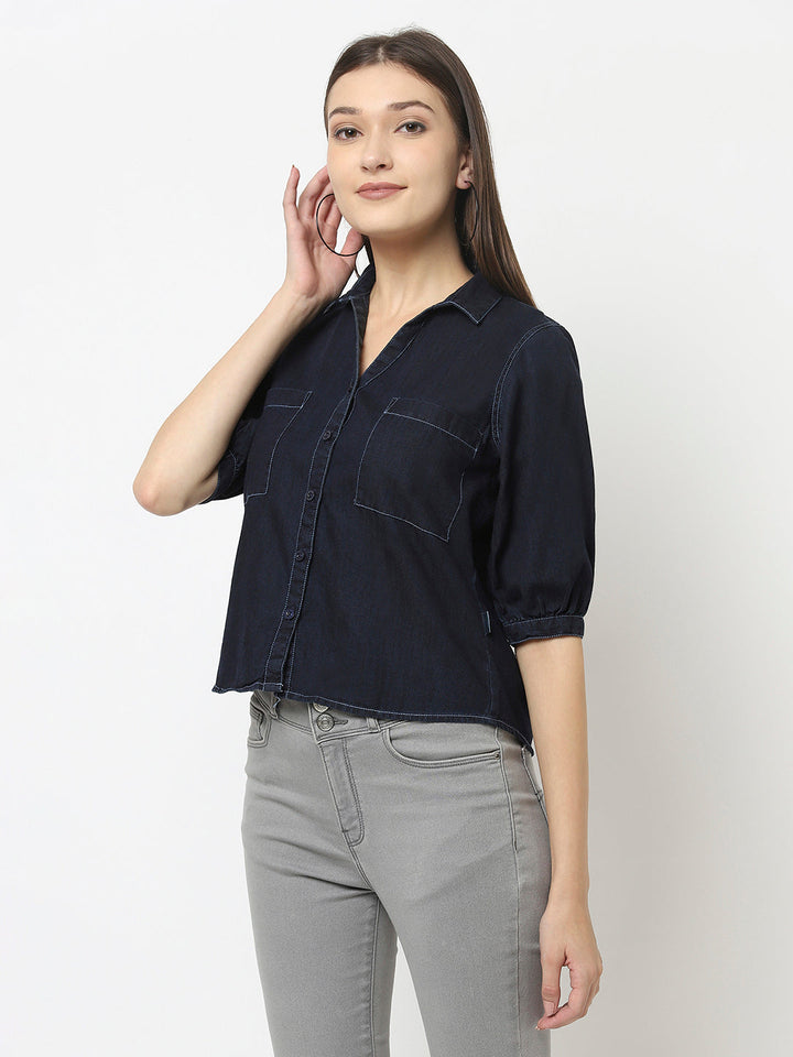 Navy Blue Denim Crop Top with Patch Pocket Detail