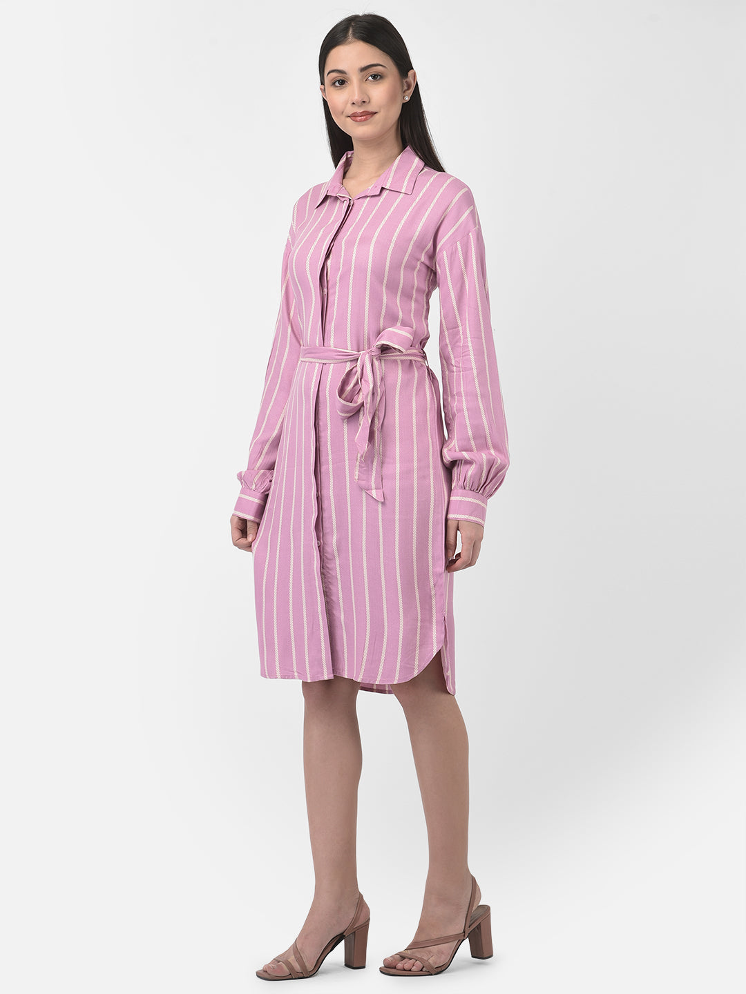 Pink Striped Shirt Dress-Women Dresses-Crimsoune Club