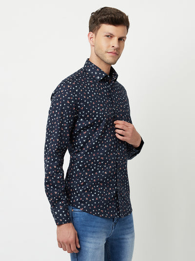 Navy Blue Floral Printed Shirt-Men Shirts-Crimsoune Club