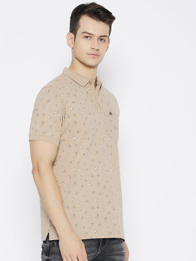 Beige Printed Polo Neck T-shirt - Men T-Shirts