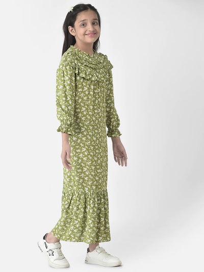  Green Floral Ruffles Dress