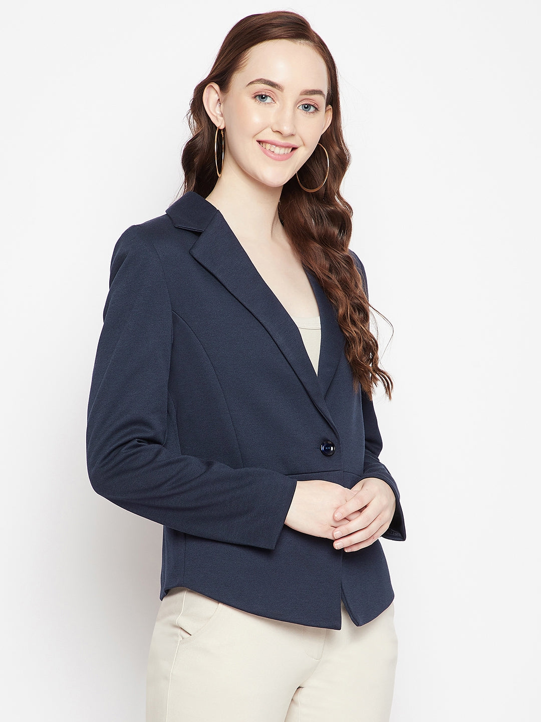 Navy Blue Notched Lapel Blazer - Women Blazer