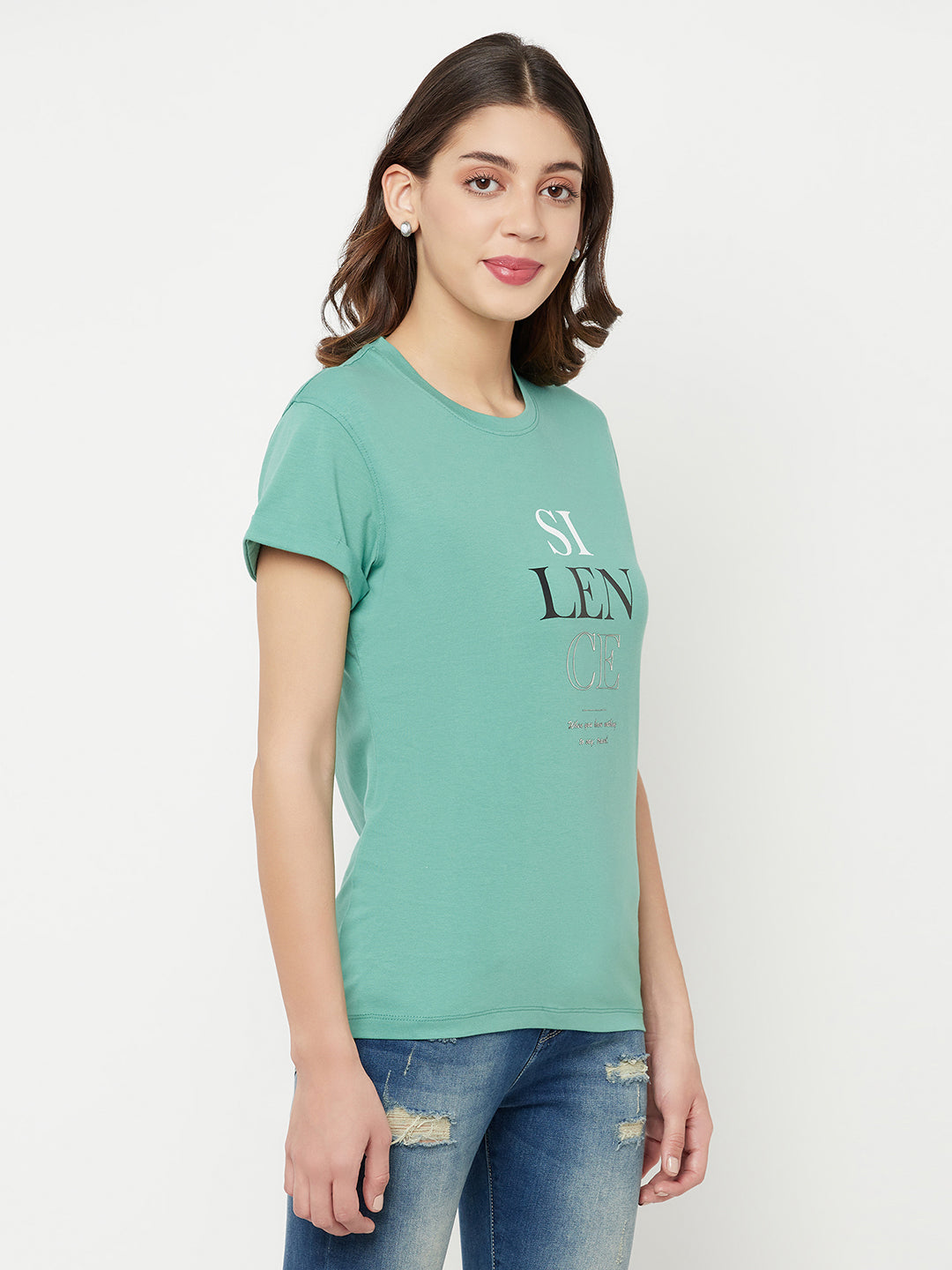 Mint Green Printed Round Neck T-Shirt - Women T-Shirts