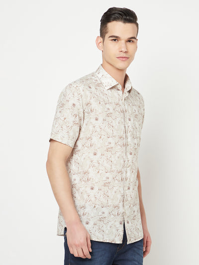 Beige Floral Printed Linen Shirt - Men Shirts