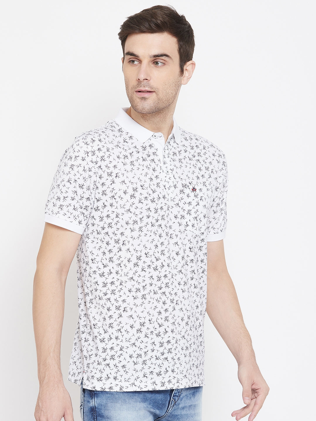 White Printed Polo Neck T-Shirt - Men T-Shirts