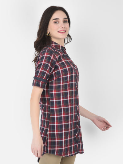 Long Navy Blue Checked Shirt - Women Shirts