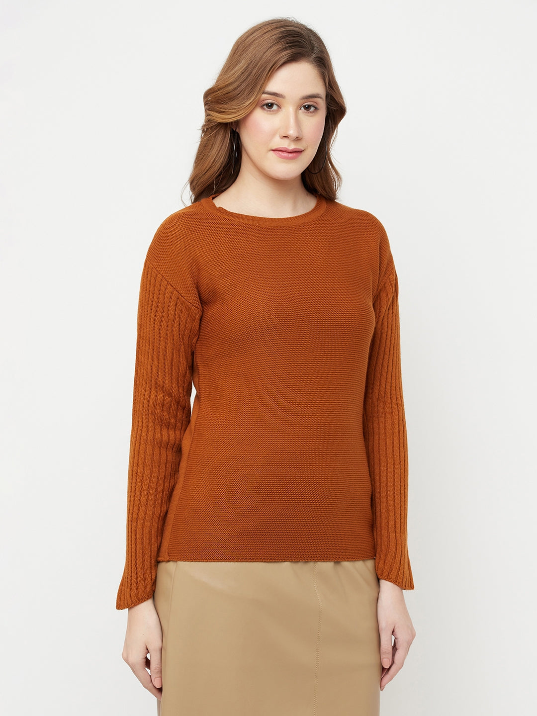 Brown Round Neck Sweater - Women Sweaters