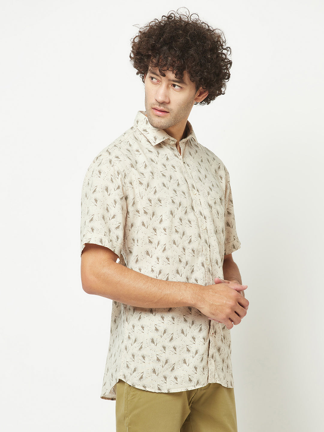 Beige Short-Sleeved Floral Shirt