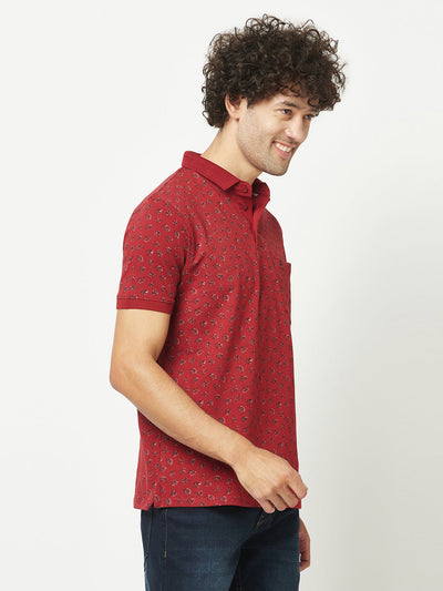  Maroon Floral Print Polo T-Shirt