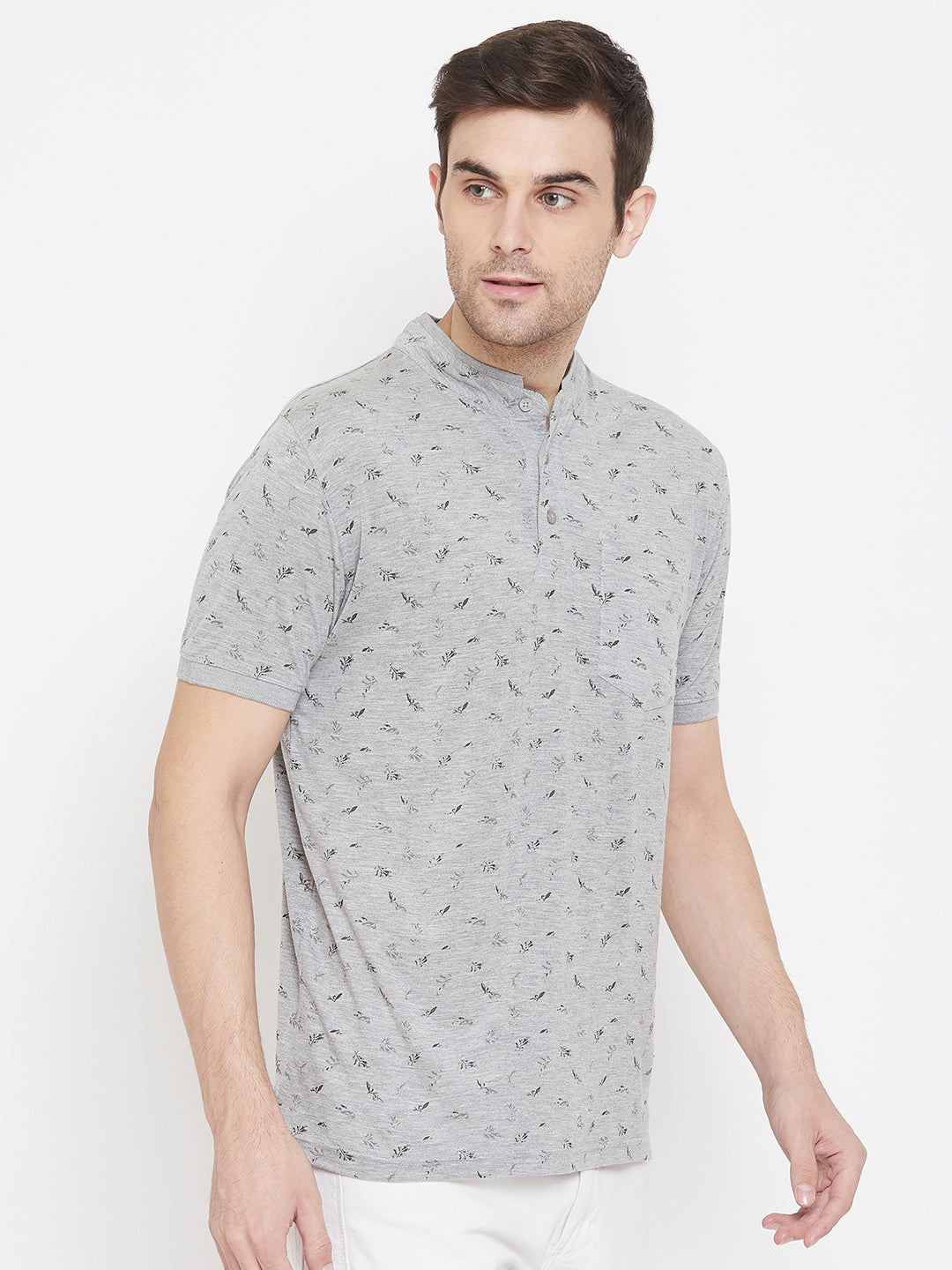 Grey Printed Mandarin Neck T-Shirt - Men T-Shirts