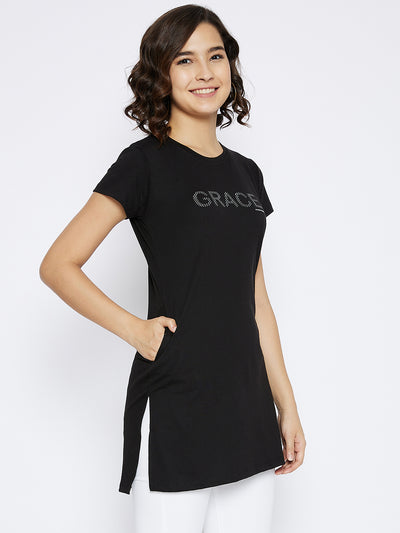 Black Printed Round Neck T-shirt - Women T-Shirts