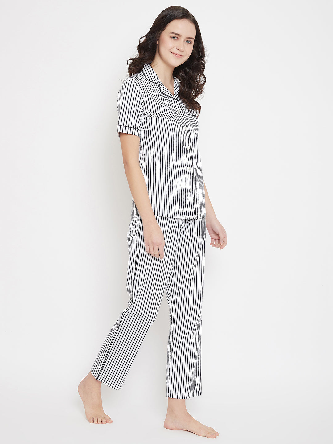 White Striped Slim Fit Night Suits - Women Night Suits