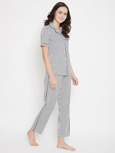 White Striped Slim Fit Night Suits - Women Night Suits