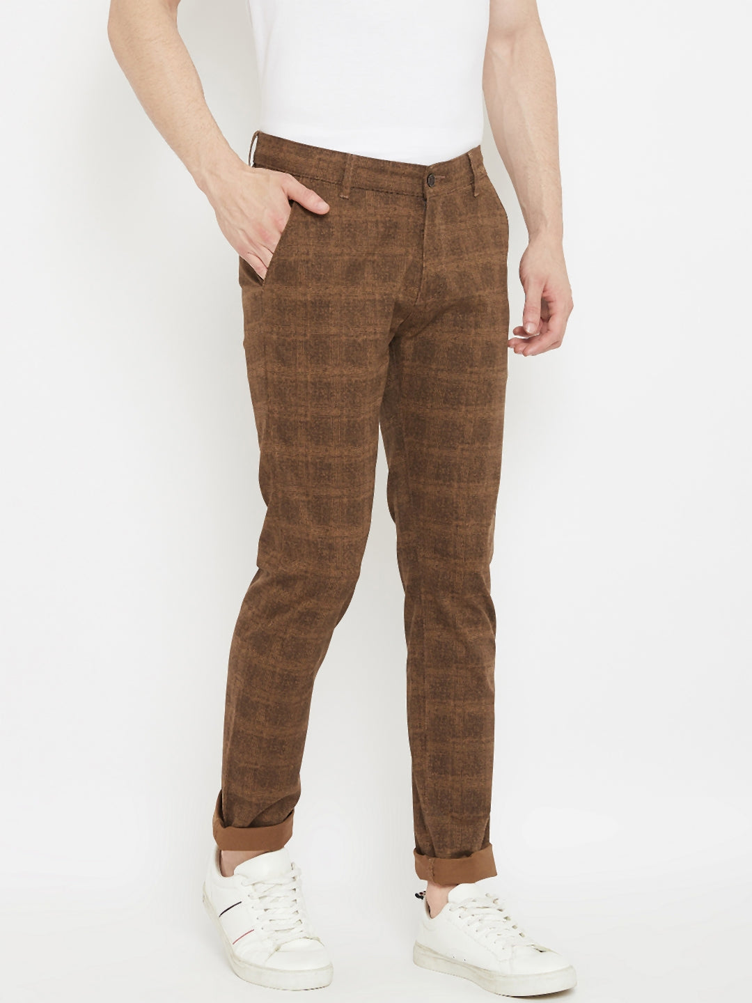 Brown Checked Slim Fit Trousers - Men Trousers