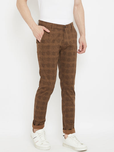 Brown Checked Slim Fit Trousers - Men Trousers