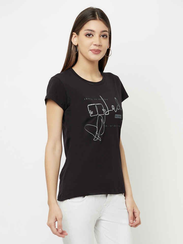 Black Printed Round Neck T-Shirt - Women T-Shirts