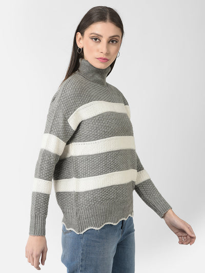  Grey Turtle-Neck Striped Sweater