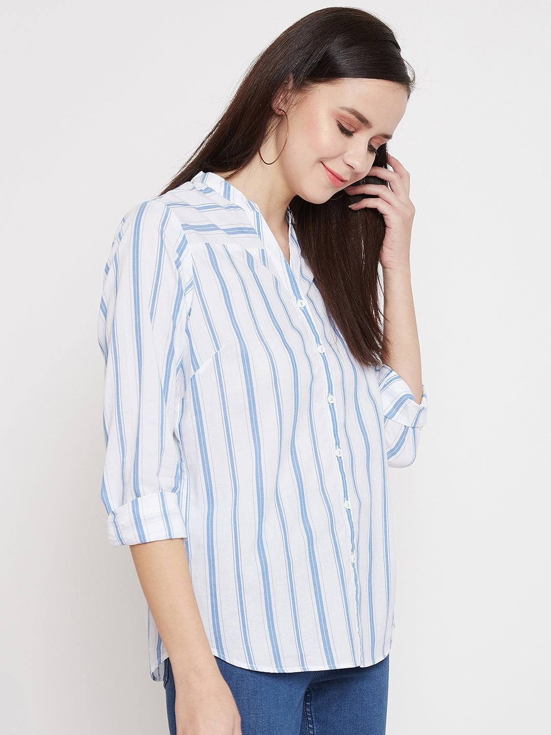 Striped Slim Fit V neck Casual Shirt - Women Shirts