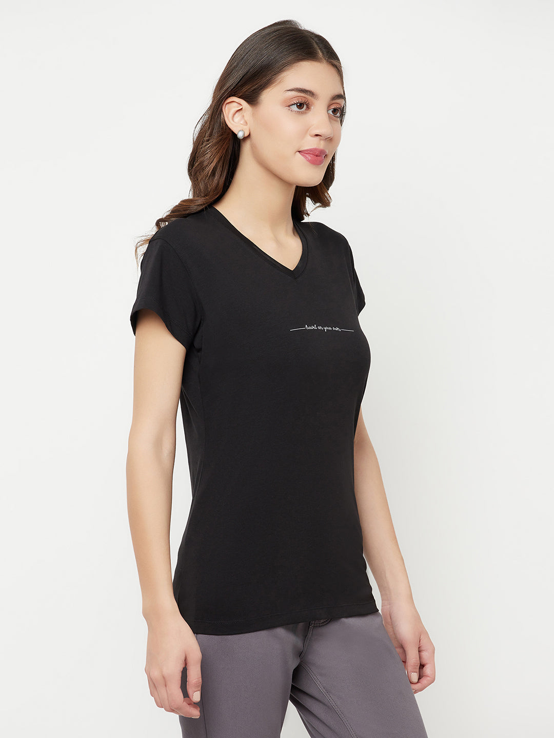 Black Printed V-Neck T-Shirt - Women T-Shirts