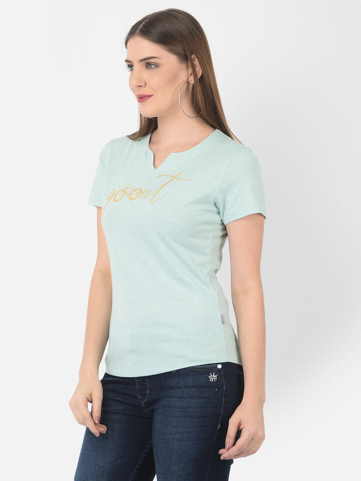 Mint Green Printed Round Neck T-Shirt - Women T-Shirts
