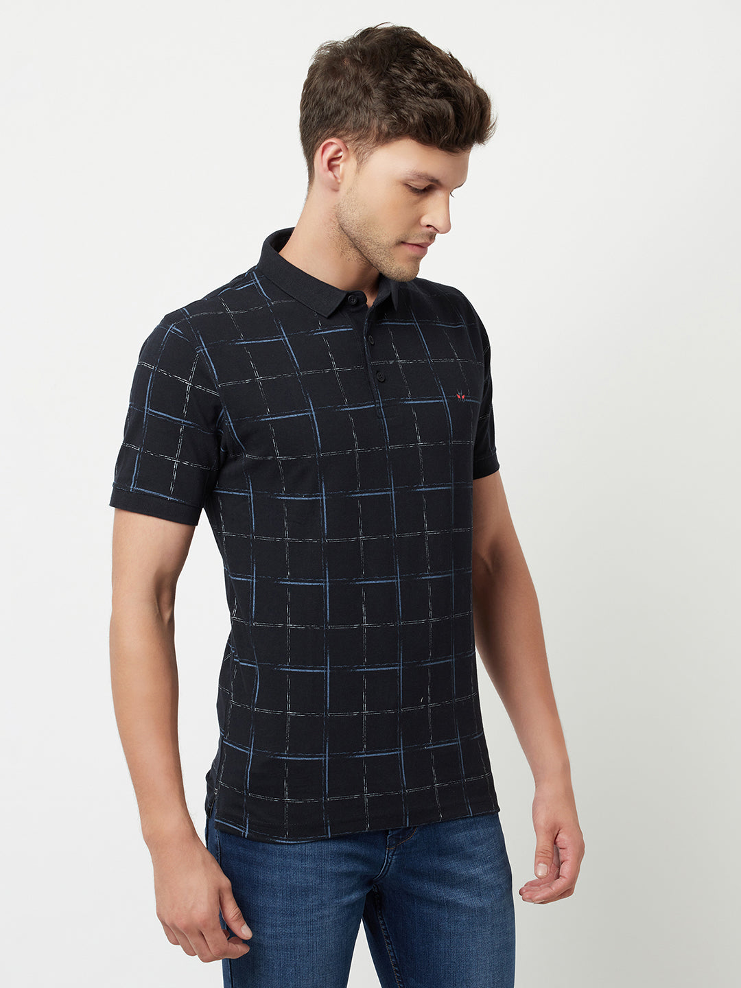 Navy Blue Checked Polo T-Shirt-Men T-Shirts-Crimsoune Club