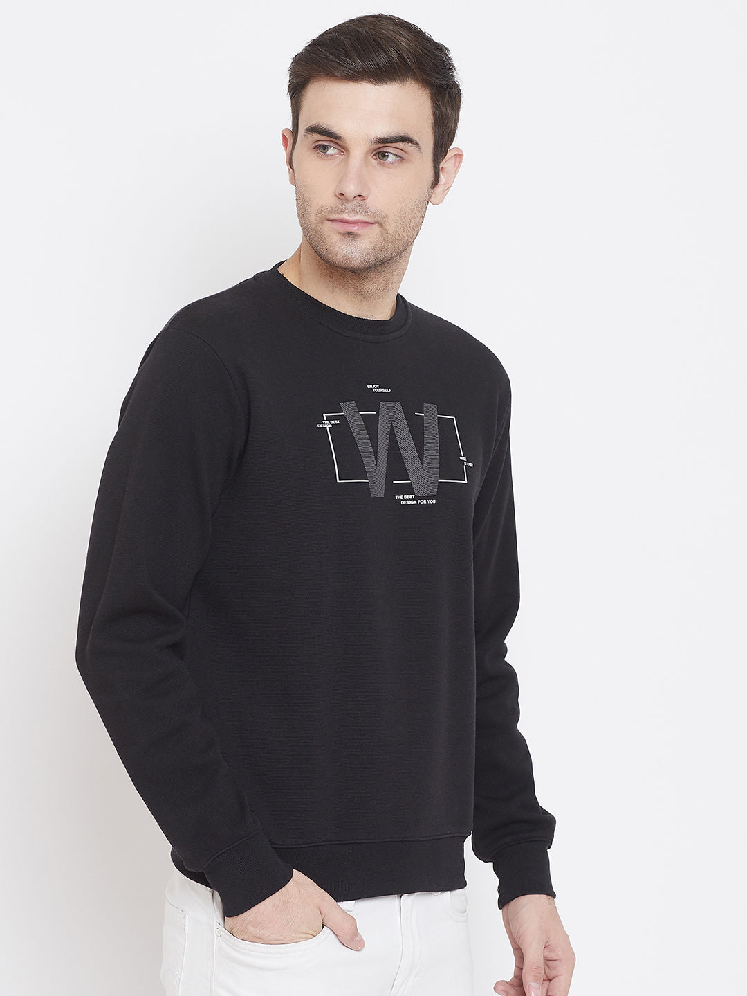 Black Printed Round Neck Sweatshirt - Men Sweatshirts