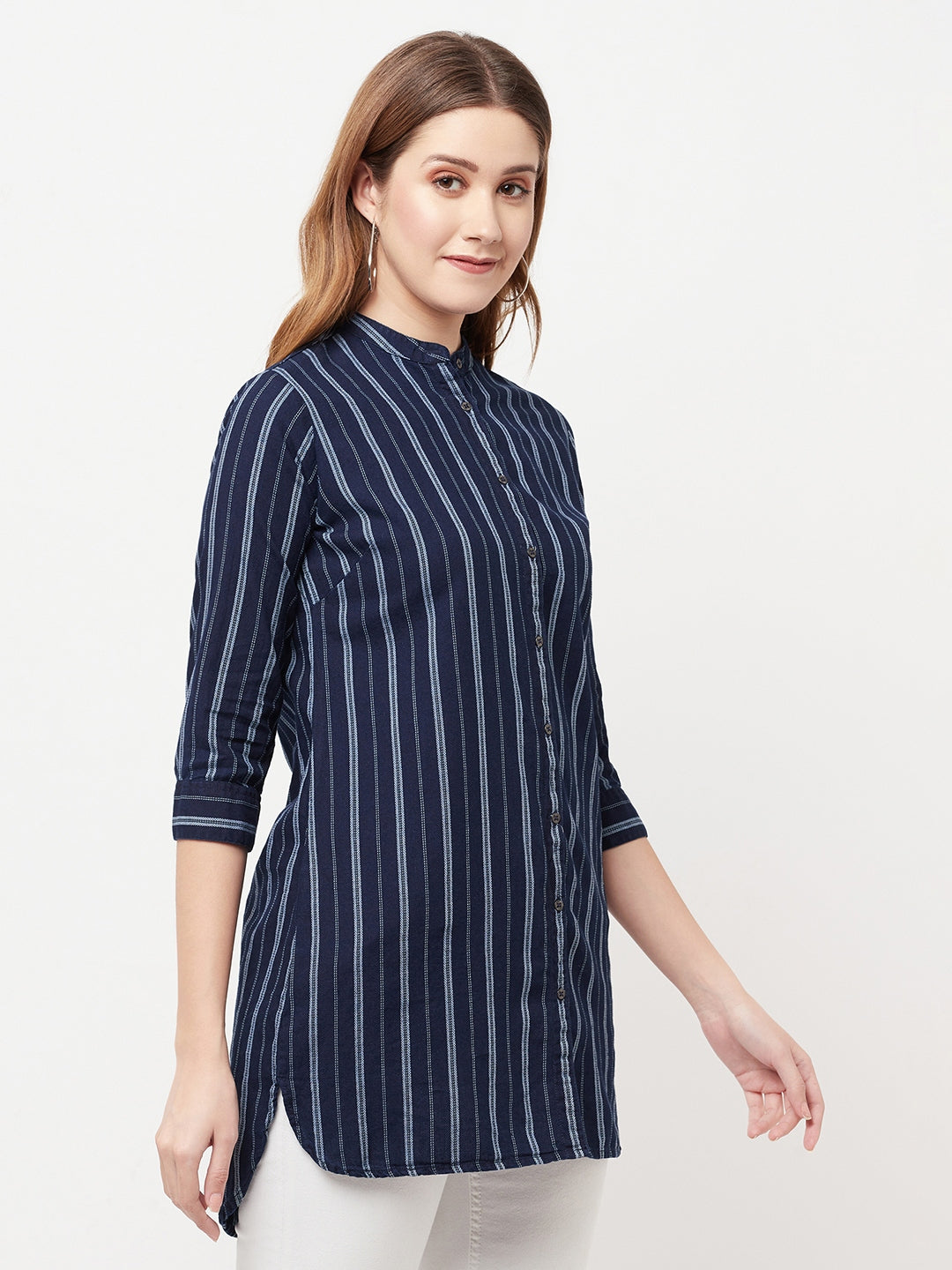 Navy Blue Striped Longline Shirt - Women Shirts