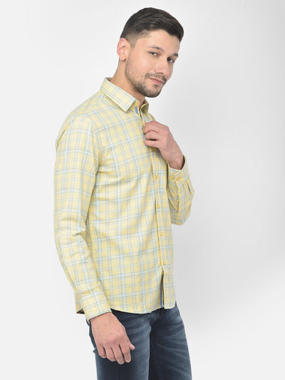 Yellow Checked Spread Collar Shirt - Men Shirts