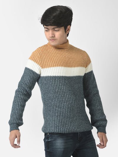  Knitted Mustard Colour-Blocked Sweater