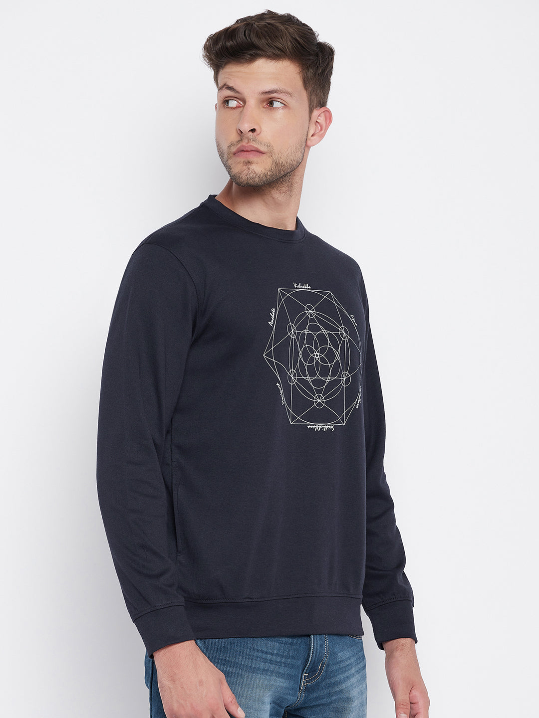 Navy Blue Printed Round Neck Sweatshirt - Men Sweatshirts