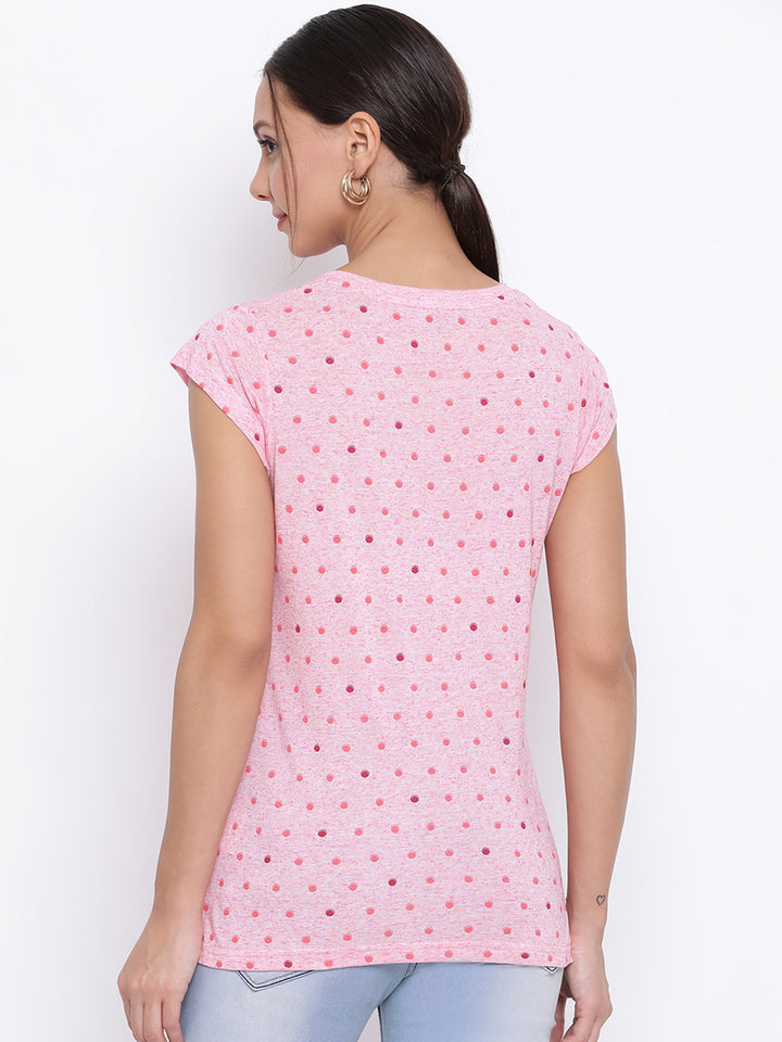 Pink Dotted Slim Fit T-Shirt-Women Tops-Crimsoune Club