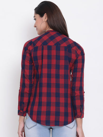 Red Checked Mandarin Collar Slim Fit Shirt - Women Shirts