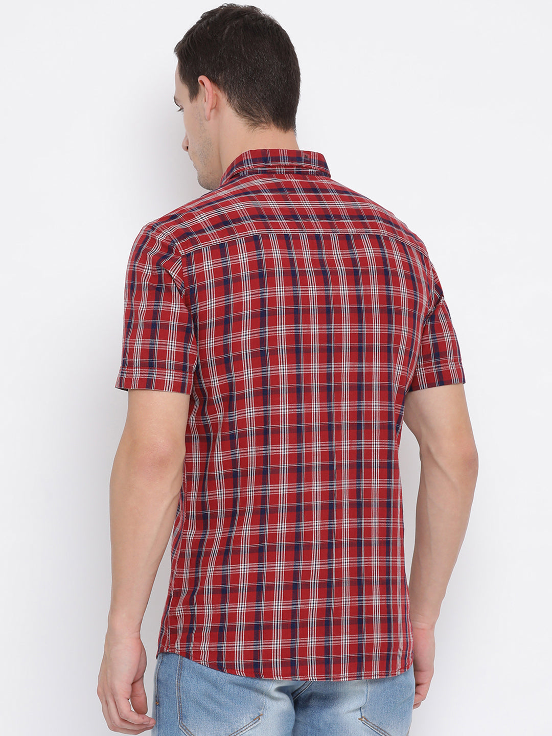 Red Checked Spread Collar Slim Fit Shirt - Men Shirts