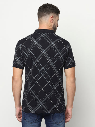 Navy Blue Diagonal Check Polo T-Shirt-Men T-Shirts-Crimsoune Club