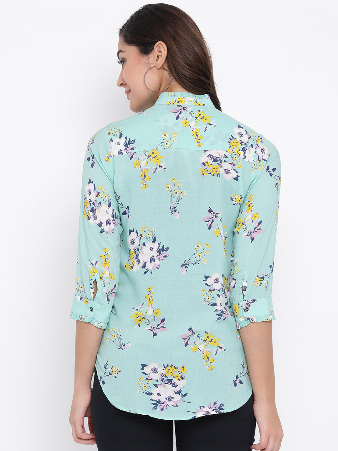 Green Printed Mandarin Collar Tops - Women Tops