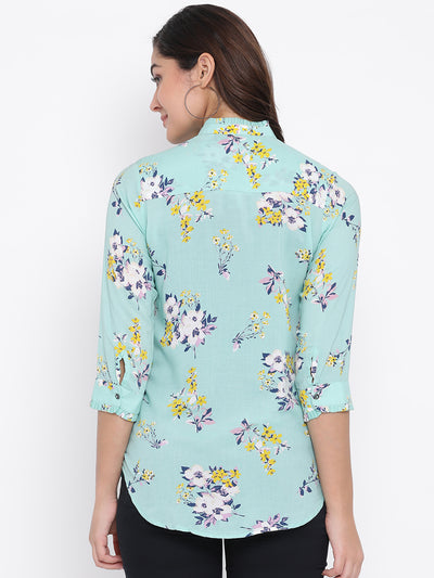 Green Printed Mandarin Collar Tops - Women Tops