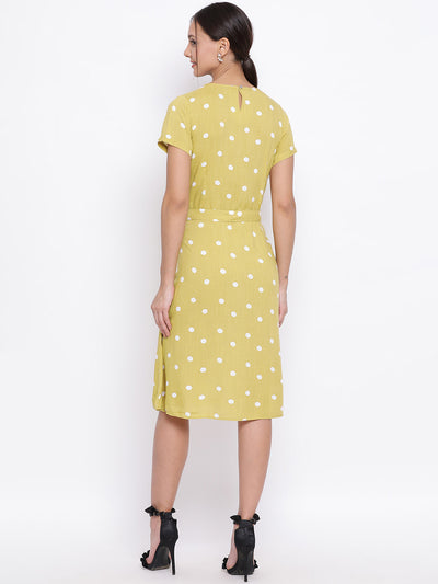 Yellow Printed Polka Dots Dress - Women Dresses
