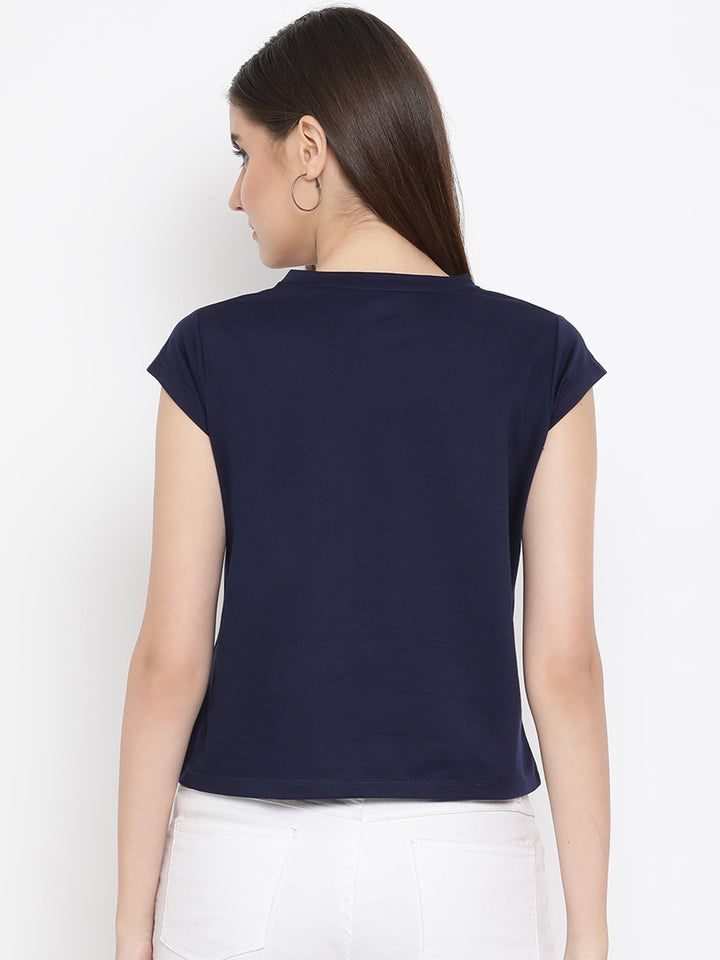 Navy Blue Printed Round Neck T-Shirt - Women T-Shirts