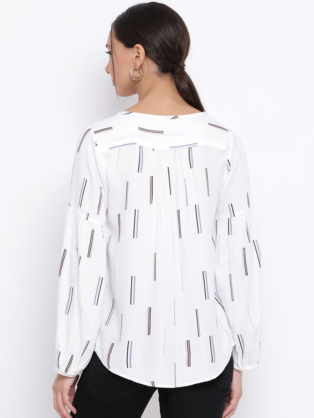 White Printed Round Neck Tops - Women Tops