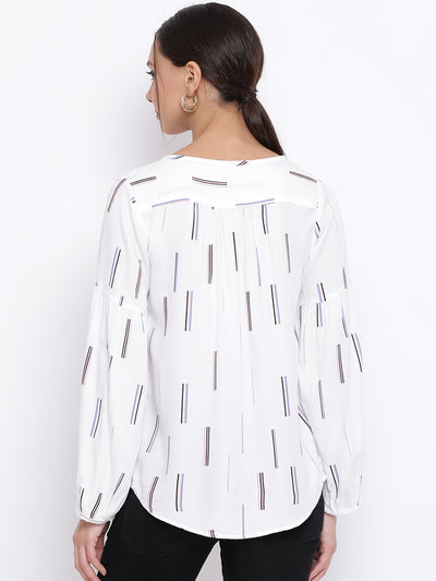 White Printed Round Neck Tops - Women Tops