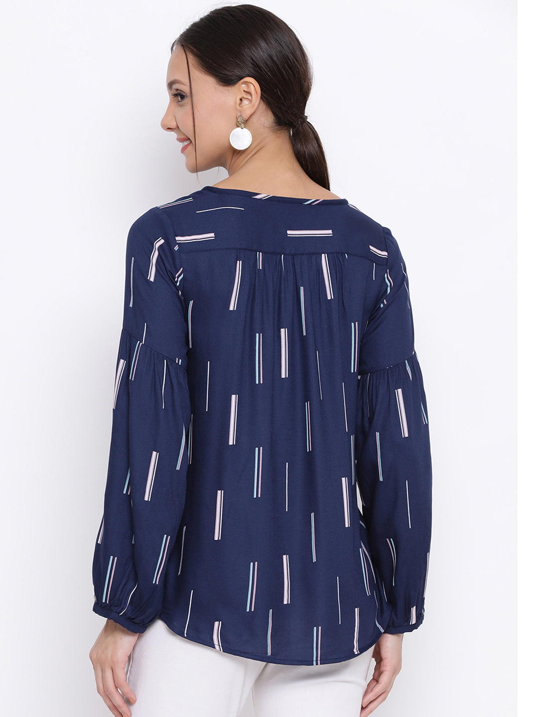 Blue Printed Full Sleeves Top - Women Tops
