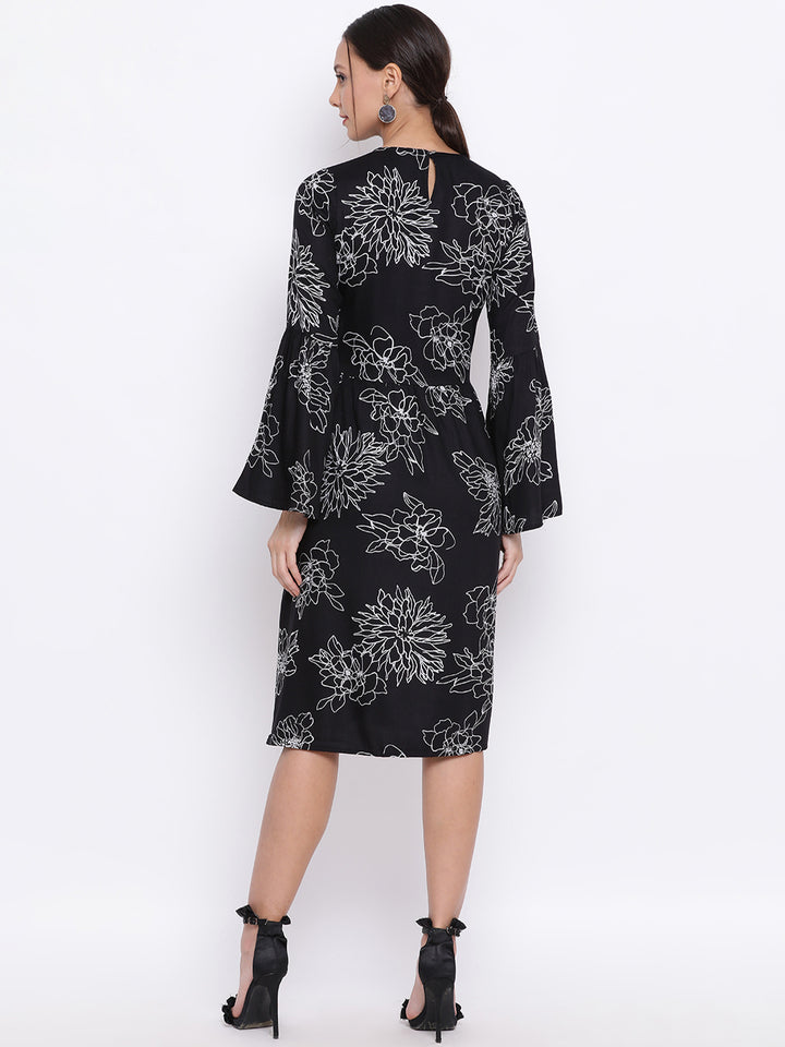 Black Floral Bell Sleeves Dress - Women Dresses