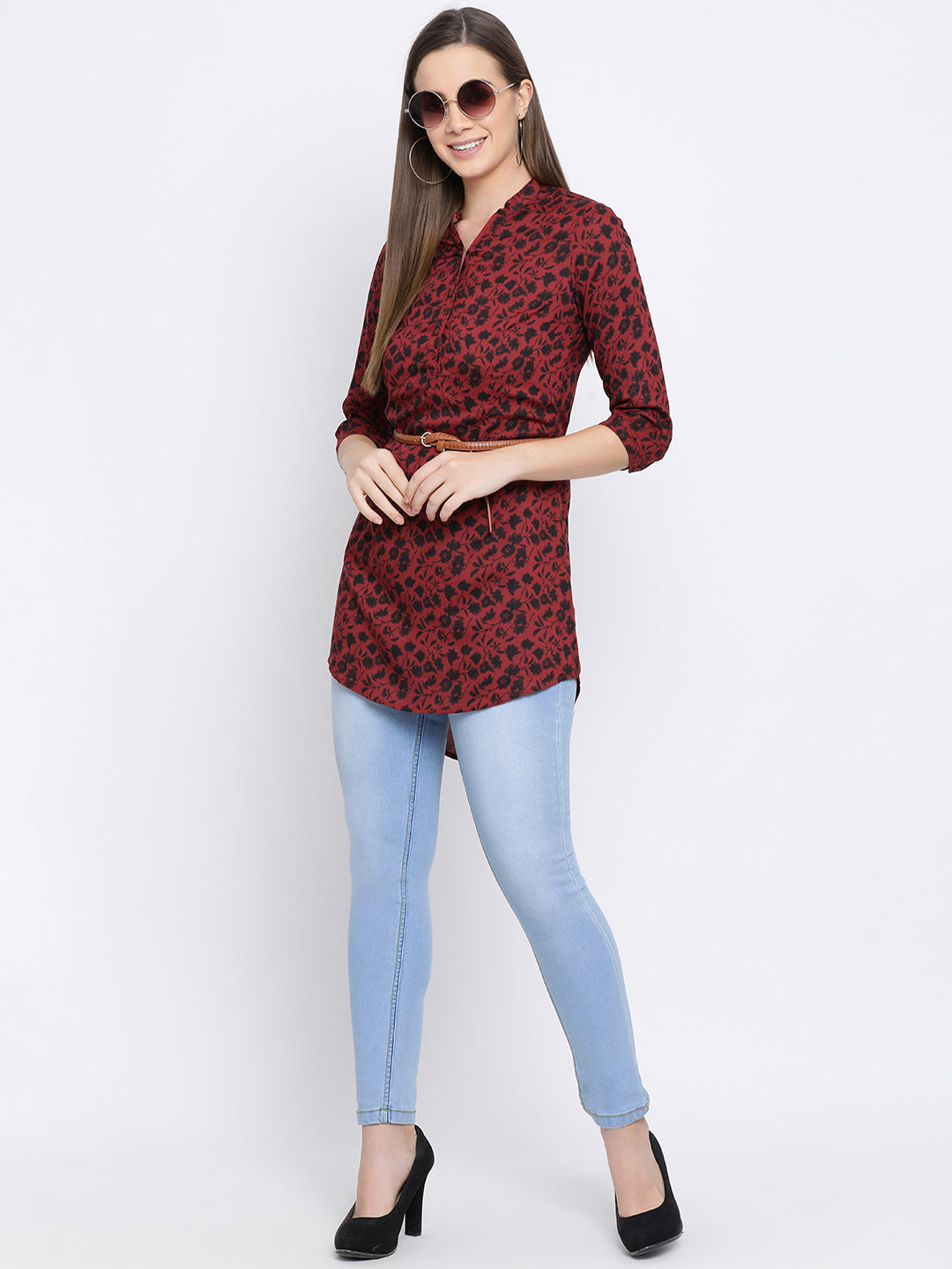 Red Printed V-Neck Top - Women Tops
