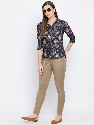 Khaki Denim Slim Fit Trousers - Women Trousers