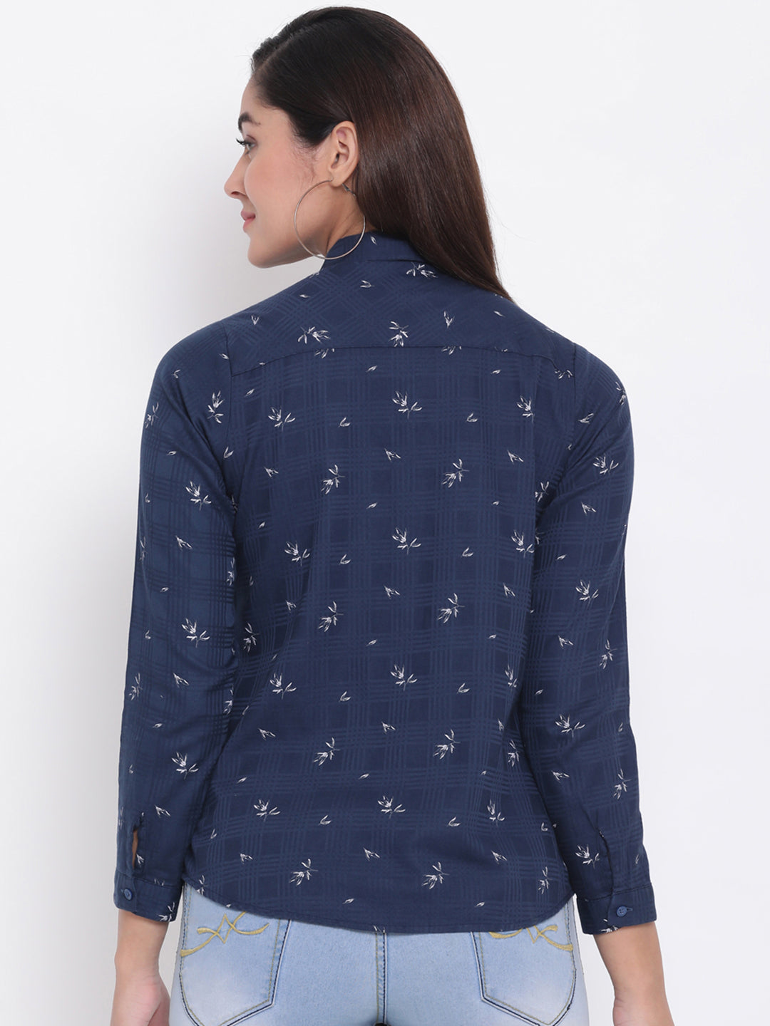 Navy Blue Printed Round Neck Slim Fit Shirt - Women Shirts