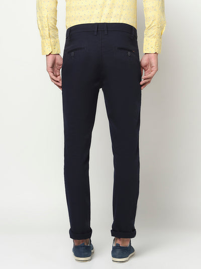 Navy Blue Cuffed Ankle Trousers-Men Trousers-Crimsoune Club