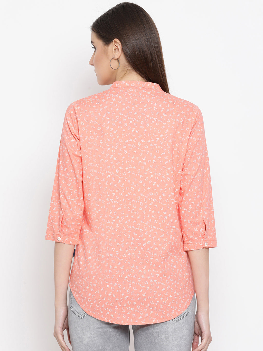 Orange Printed Mandarin Collar Tops - Women Tops